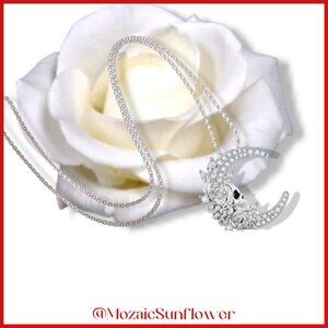 NEW Silver Crescent Moon Skull Roses Pendant and Box Chain